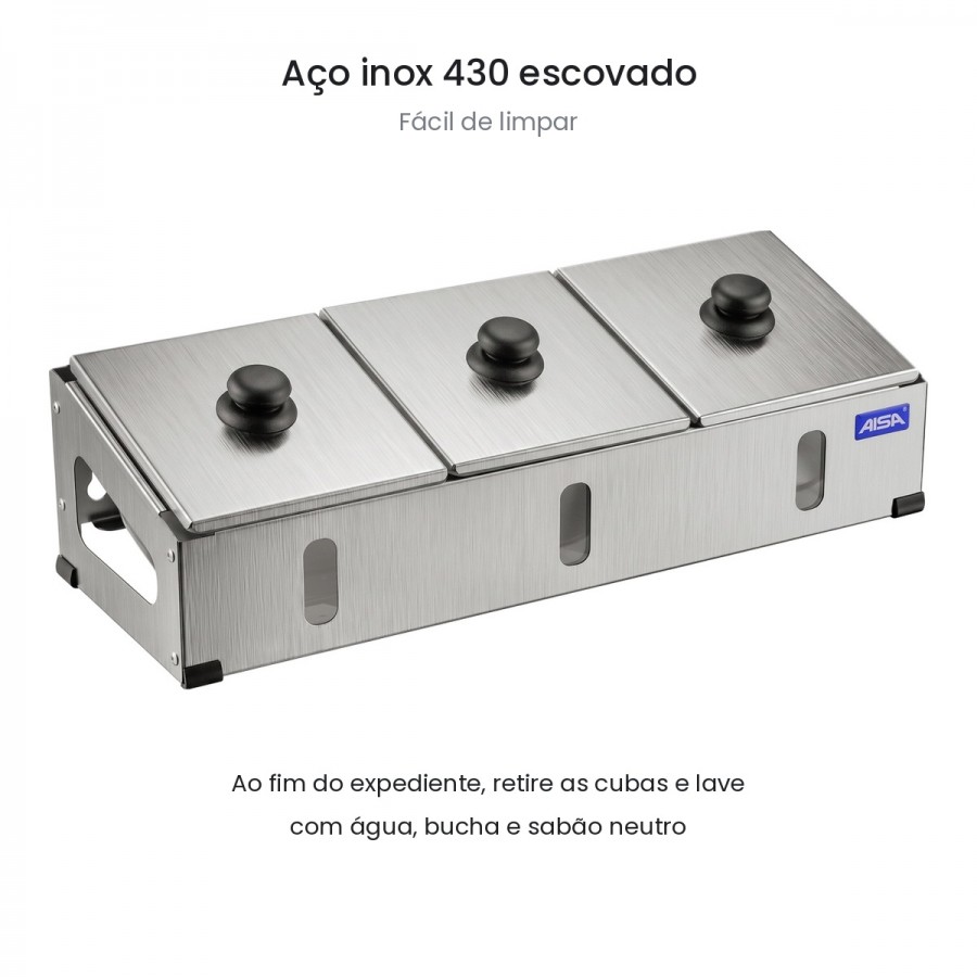 Condimentadora Pizzarola Inox 3 Cubas Acrílico Tampa Individual - Aisa